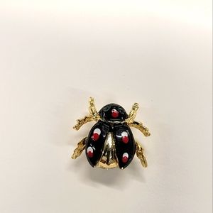 Vintage Ladybug Bug Brooch Pin Gold Tone Painted Body Black Rhinestones for Eyes